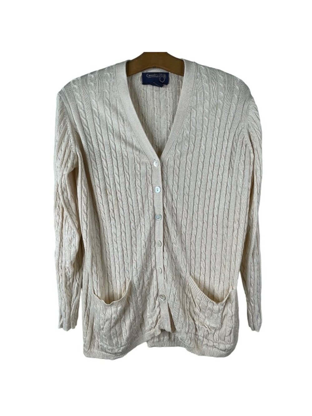Country Shop Cardigan Size Small Cable Knit Button Front Long Sleeve Silk Cream
